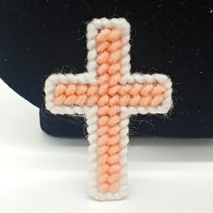 Hand Crochet Cross White Pink Brooch Easter Christmas Jewelry
